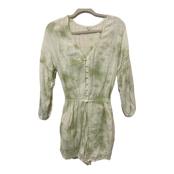 Aerie White and Green Tie Dye Button Front Linen Blend Romper Small - Picture 1 of 9